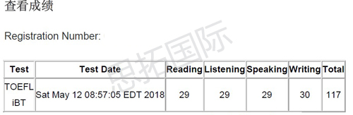 托福培训班学员王S若托福考试成绩